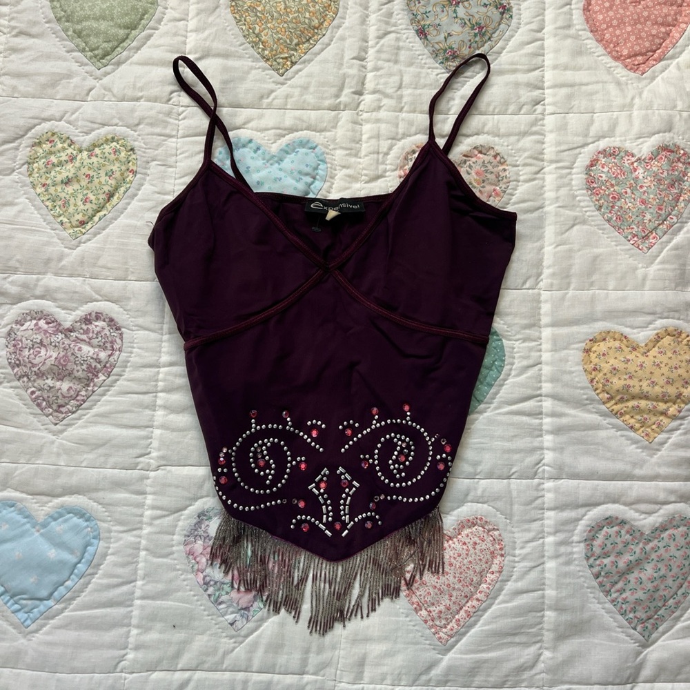 Vintage Euro Summer Butterfly Burgandy Cami Rhinestone Fringe Bedazzled Top S
